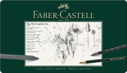 Faber-Castell - Pitt Graphite Set in metal case, large, 26 + 3 pieces (includes eraser pencil with brush, paper smudger, and lead sharpener block)