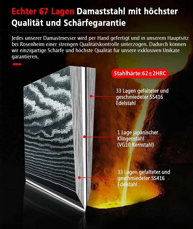 ZEUS Damascus Knife Set 2 pieces (32 cm and 24 cm) Professional Damascus kitchen knives made of authentic 67-layer Damascus steel I with chef's knife, Santoku knife, Pakka wood handle, and sharpening stone.