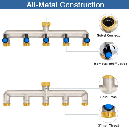 5-way water tap water distributor made of brass for 5 devices/garden hoses, 5-way distributor 3/4" adapter 1/2" with ball valve for adjusting and shutting off water flow.