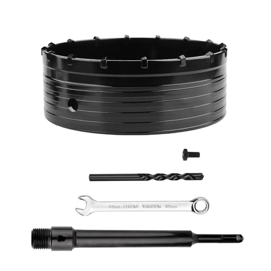 152mm core drill bit (XXL teeth) black set with 220mm SDS plus extension and 4-cut center drill 8x110mm, wall hole saw drill for masonry and concrete