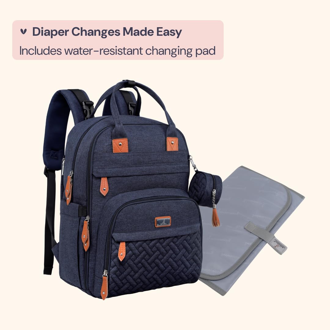 BabbleRoo Diaper Bag Backpack - Large Capacity, 17 Pockets, Water-Resistant - with Changing Pad, Removable Pacifier Holder, Stroller Straps - Travel Backpack for Mom & Dad