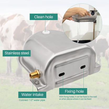 Automatic drinker basin made of stainless steel with 1/2 inch adjustable brass float valve and drainage holes for horses, cows, pigs, goats, sheep, and dog drinkers.