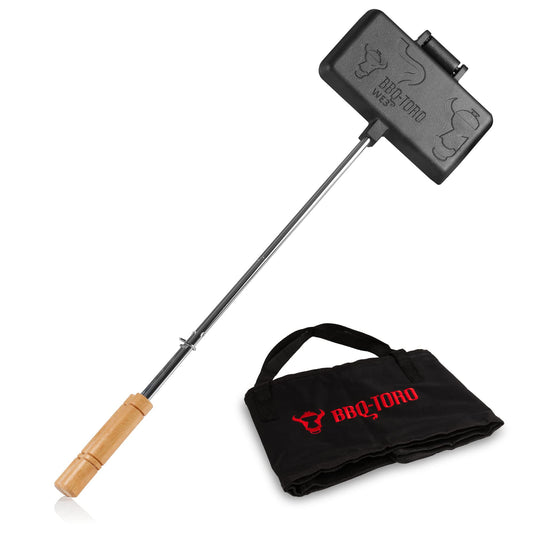 BBQ-Toro sandwich iron with carrying bag | BBQ waffle iron made of cast iron | Rectangular, long handle | Already seasoned | Waffle iron grill, outdoor waffle iron for open fire, sandwich maker
