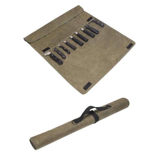 Kitchen knife storage bag, waxed canvas, utensil for knives, roll-up bag with 9 compartments, sheath for kitchen knives measuring up to 29 inches long.