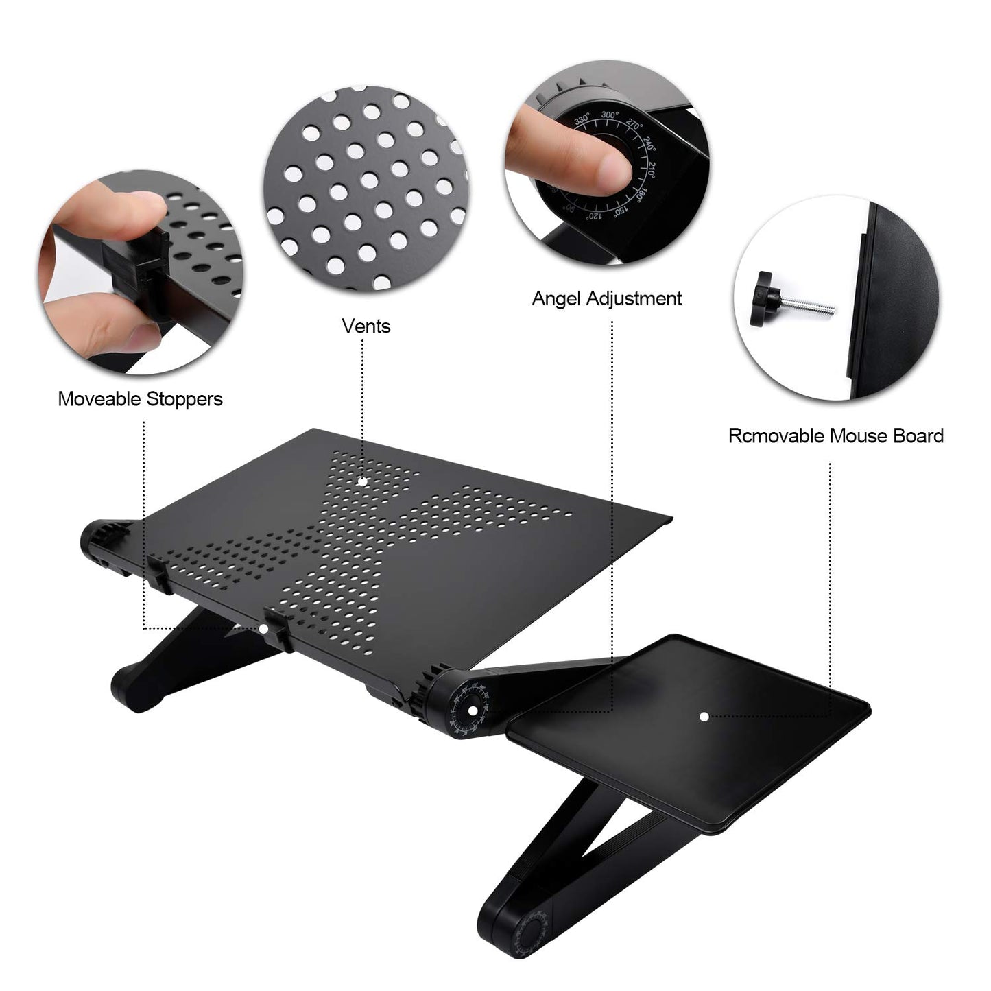 Ideal Swan laptop stand, adjustable height, foldable laptop table holder, notebook stand with mouse pad for bed or couch, laptop desk for MacBook, Dell, Lenovo, Samsung, Acer - Black.