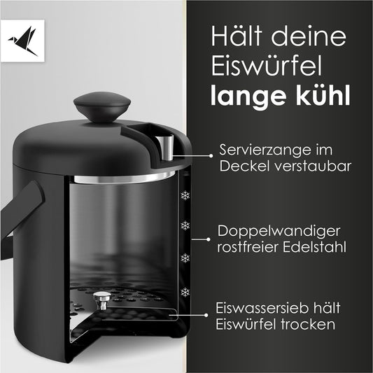 Beyond Ice Bucket with Lid and Tongs 100% BPA free made of stainless steel - Double walled ice bucket, 1.3 liters. Ice container for ice cubes, ice bucket for ice cube storage (black).