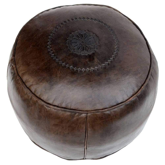 Oriental pouf round real leather dark brown seat cube seat cushion footstool seat puff brown, 44x33 cm, including filling, Moroccan Asian vintage design.
