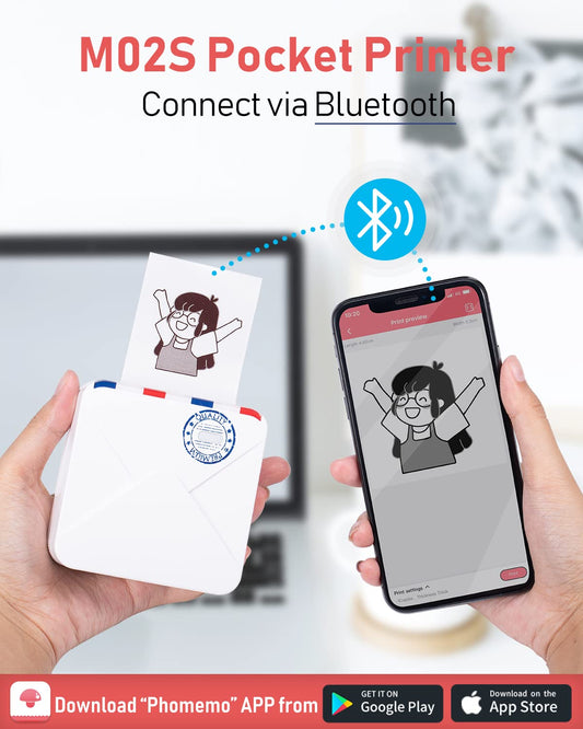 Phomemo M02S pocket printer, 300 DPI mini printer for smartphone thermal printer with 6 paper rolls, compatible with 15, 25, 53 mm paper, perfect for studying, scrapbooking, photos, gifts (White)