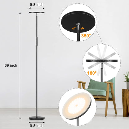 LED floor lamp living room dimmable, 36W 3600LM torchiere with remote control & touch control, 1-minute installation, eye-friendly modern floor lamp for living room, office, dining room, bedroom (Black)