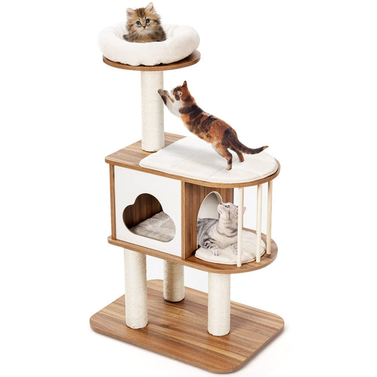 GYMAX Cat Tree Stable Cat Furniture Cat Scratching Post Climbing Tree for Cats Height 117 cm (Brown)