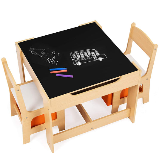 DREAMADE Multifunctional Kids Table Set, Children's Table with 2 Chairs & 2 Storage Boxes for extra space, removable tabletop with chalkboard for drawing, 3-piece Children's Furniture Set (Natural)