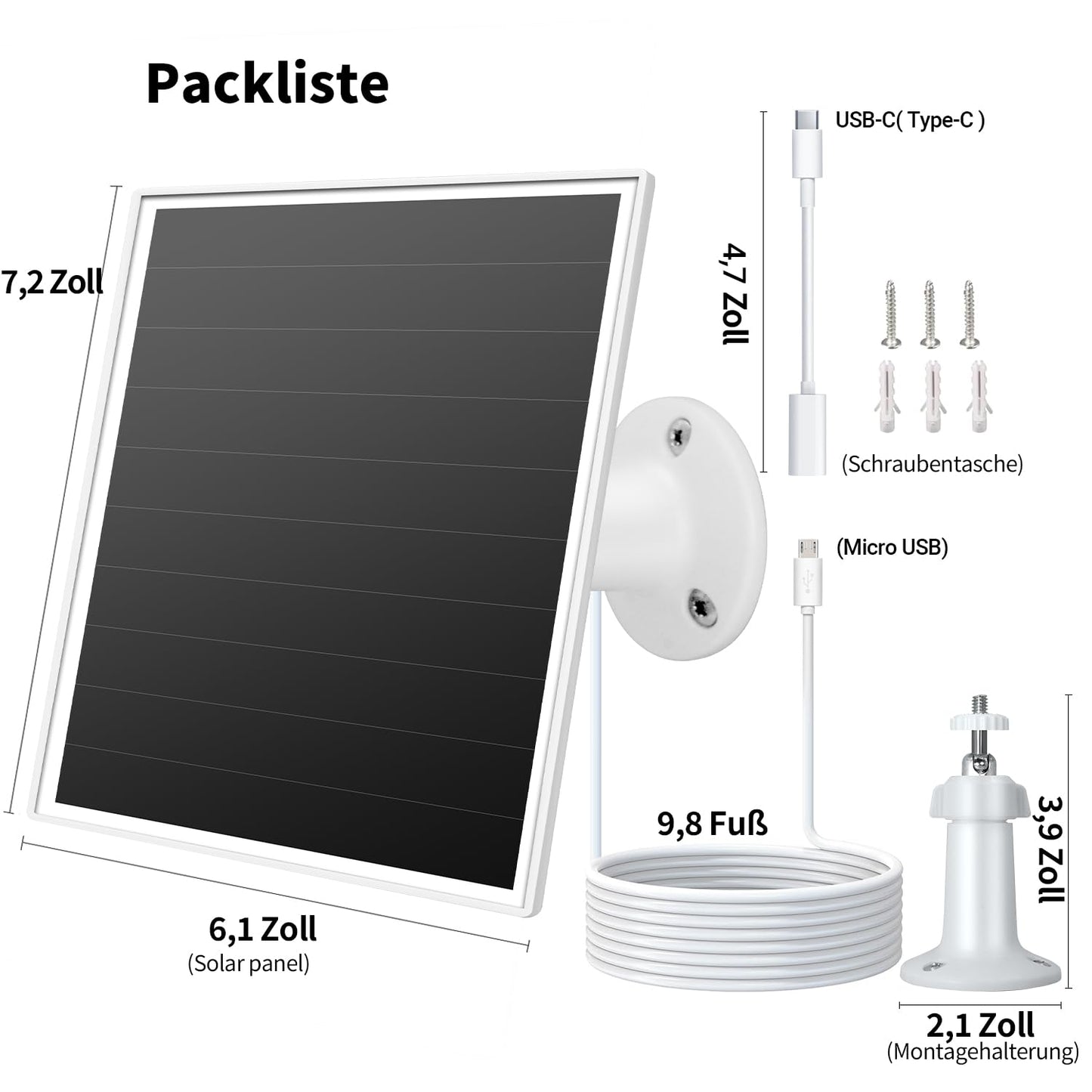 6W solar panel for outdoor installed surveillance cameras with Micro-USB and USB-C port, solar charger for battery cameras, compatible with Wyze/Reolink, fast charging.