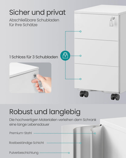 SONGMICS Drawer Cabinet, Rolling File Cabinet, Mobile Filing Cabinet, Metal Cabinet, Printer Stand, Lockable, 3 Drawers, Pre-Assembled, Office, Home Office, 40 x 30 x 54 cm, Matte White OFC079W01