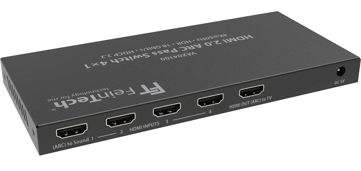 FineTech VAX04100 HDMI 2.0 ARC Pass Switch 4x1, for 3 HDMI sources, Soundbar and TV Beamer 4K@60Hz| HDR | 18Gbit/s | HDCP 2.2 Dolby Atmos
