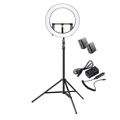 Walimex pro dimmable LED ring light 32W with lamp stand & 2 batteries I ring light with individually switchable sectors I 500 Bi Color camera light & selfie light I with accessories + bag