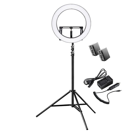 Walimex pro dimmable LED ring light 32W with lamp stand & 2 batteries I ring light with individually switchable sectors I 500 Bi Color camera light & selfie light I with accessories + bag