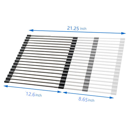 ARAIny Expandable Large Dish Drying Rack, roll-up heat-resistant drying rack for stainless steel sinks, collapsible over non-slip silicone rolling mat (18 stainless steel rods 54x33cm)
