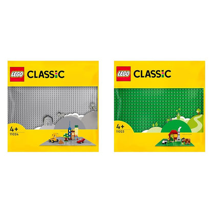 LEGO 11024 Classic Gray Baseplate, square baseplate with 48x48 studs & 11023 Classic Green Baseplate, square baseplate with 32x32 studs as a base for constructions.