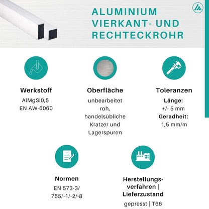 Aluminum square tube | AlMgSi0.5 | EN AW-6060 | unfinished | 35 x 35 x 3 mm | Length: 2,000 mm ± 5 mm