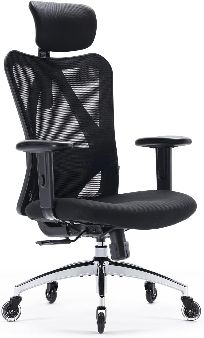 SIHOO ergonomic office chair features adjustable lumbar support, headrest, and armrests, height adjustment, rocking function, supports up to 150kg/330lb.