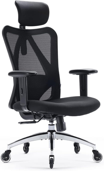 SIHOO ergonomic office chair features adjustable lumbar support, headrest, and armrests, height adjustment, rocking function, supports up to 150kg/330lb.