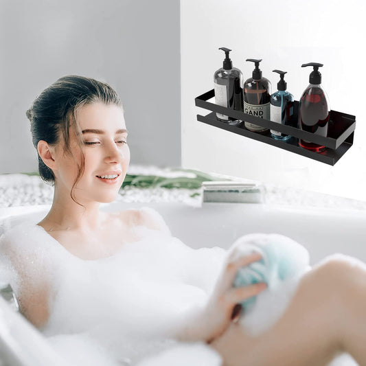 Kallrra Shower Caddy without Drilling 2 Pack Shower Shelf Black without Drilling, Φ30cm Bathroom Shelf/Organizer, Bathroom Caddy without Drilling with 6 Hooks, Shower Basket for Shampoo and Shower Gel