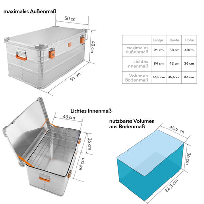 Aluminum box aluminum case lockable E141 - Premium aluminum storage box 141 liters - lid with aluminum die-cast stacking corners and rubber seal - includes locks