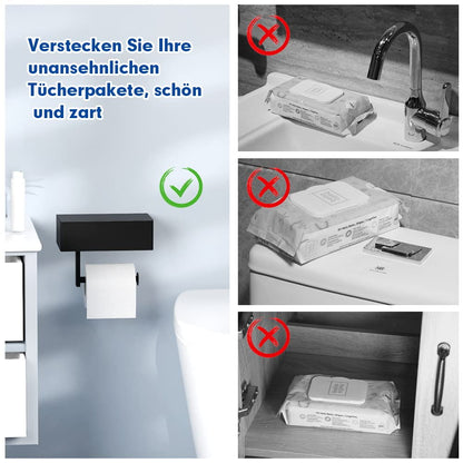 MVKV toilet paper holder with wet wipes box, matte black toilet paper holder with shelf, no drilling required, wall-mounted 304 stainless steel toilet roll holder with storage for bathroom.