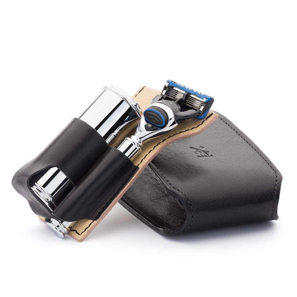 MÜHLE Travel Set - Silvertip Fibre brush, compatible with Gillette blades, black leather case - chrome metal handles