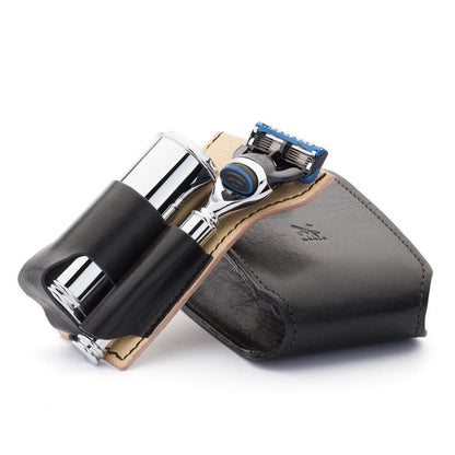 MÜHLE Travel Set - Silvertip Fibre brush, compatible with Gillette blades, black leather case - chrome metal handles