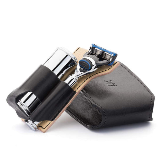 MÜHLE Travel Set - Silvertip Fibre brush, compatible with Gillette blades, black leather case - chrome metal handles