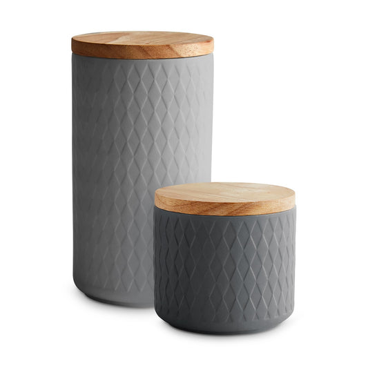 SPRINGLANE Ceramic Storage Jars 2-piece Set with Wood Lid Gray, Rubberwood Lid, Storage Containers, Fresh-keeping Jars