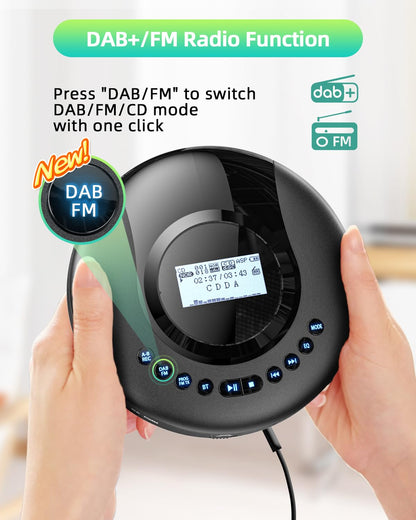 Arafuna Portable CD Player with DAB+/FM Radio, CD Player Bluetooth with Audiobook function, Discman for car, Anti-shock, built-in 2000mAH battery.