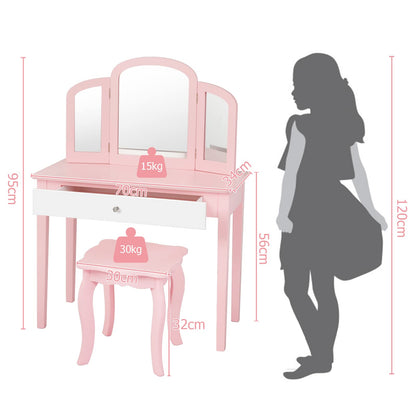 GOPLUS 2 in 1 Kids Vanity/Desk, Vanity Table & Chair, Makeup Table with Removable Triple Mirror & Drawer, Padded Stool, made of wood, in country style, for children's room (Pink)