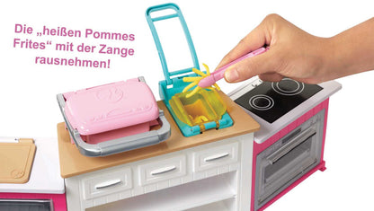 Barbie Ultimate Kitchen with 20 accessories, cooking and baking with light and sound effects, 5 dough colors, includes doll, perfect gift for kids, toy for ages 3 and up, GWY53.