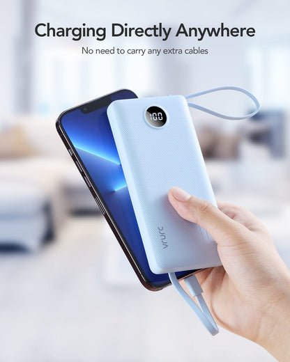 VRURC Powerbank 10000mAh with Cable, Portable Power Bank Charger USB C External Phone Batteries LED Display with 5 Outputs 2 Inputs Compatible with iPhone/Huawei/Samsung Smartphone, etc. - Blue