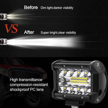 Safego 4 inch 60W LED work light with 6000LM, suitable for cars, off-road vehicles, trucks, excavators, SUVs, UTVs, and ATVs. IP67 waterproof and ideal for use on tractors. Set of 4 lights.