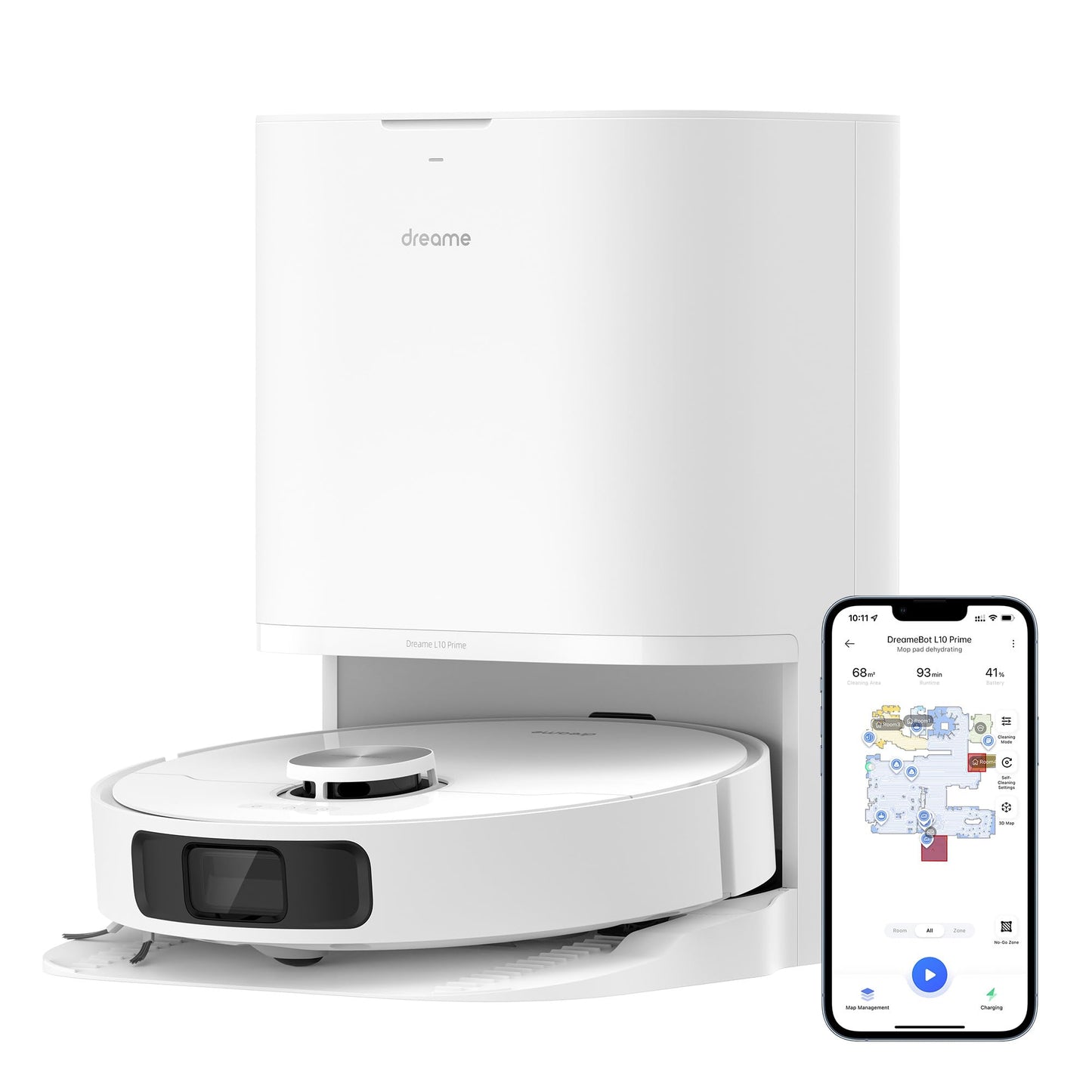 dreame L10 Prime robot vacuum and mop with automatic washing station for mop pads, 7mm mop lifting, LDS navigation, 4000Pa suction power, 3D mapping, WiFi/app control.