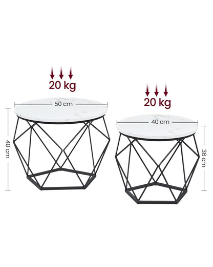 VASAGLE Round Coffee Table, Set of 2, Living Room Table, Side Table, modern design, removable tabletop, for living room, marble white-ink black LET040B59
