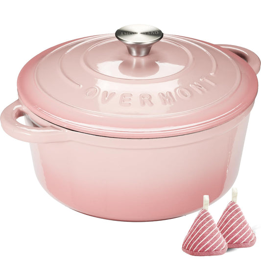 Overmont Enamel Cast Iron Dutch Oven 26cm - Oven safe with lid and cookbook - for kitchen baking roasting stewing Pink
