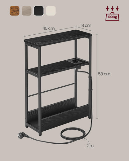 VASAGLE Narrow Side Table, Nightstand with Charging Function, Small Coffee Table, 3 Shelves, Magazine Holder, for Living Room, Bedroom, Home Office, Ebony Black-Ink Black LET335B02