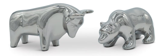FineKnick ceramic sculpture Bull and Bear as a symbol for economy & stock market - Modern decorative figure in silver made of ceramic - Decorative figure pair as desk decoration - Figure for living room & office