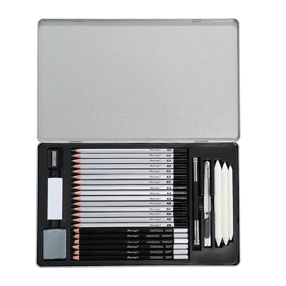Surcotto Pencil Set, 21 pencils with 1 sharpener, 2 erasers, 1 extender, 3 paper stumps. Professional drawing set for beginners, metal case, range from 10B to 4H, total of 30 pieces.