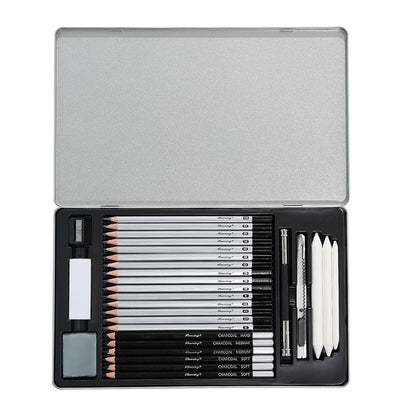 Surcotto Pencil Set, 21 pencils with 1 sharpener, 2 erasers, 1 extender, 3 paper stumps. Professional drawing set for beginners, metal case, range from 10B to 4H, total of 30 pieces.