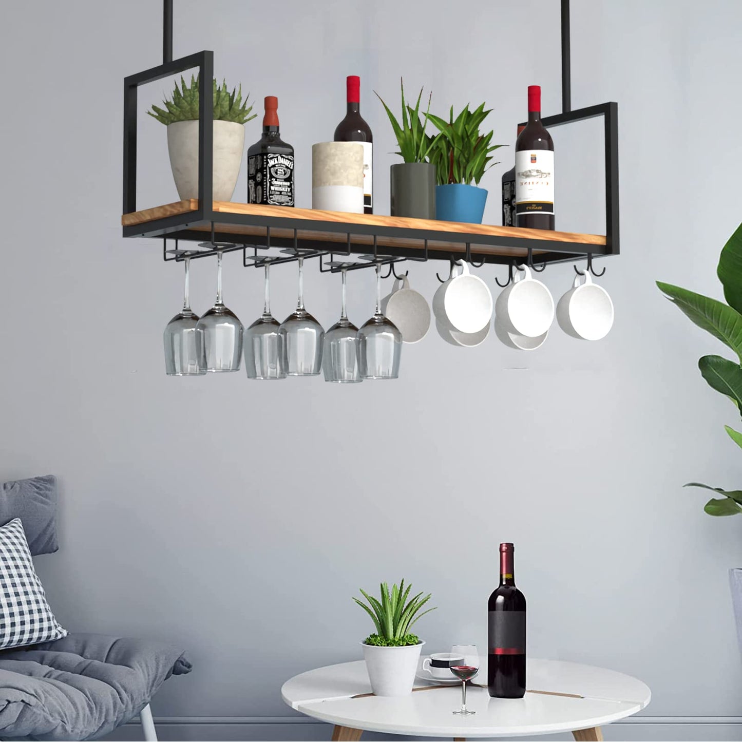 DSVONAUS Hanging Wine Rack and Wine Glass Holder - 120cm metal wine rack with 2 types of glass holder, ceiling-mounted wine glass rack, bottle holder, perfect for bar-cafe-kitchen (120x30x60cm)