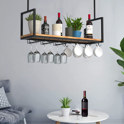 DSVONAUS Hanging Wine Rack and Wine Glass Holder - 120cm metal wine rack with 2 types of glass holder, ceiling-mounted wine glass rack, bottle holder, perfect for bar-cafe-kitchen (120x30x60cm)