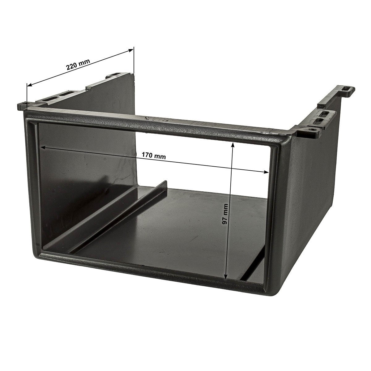 Tomzz Audio 2400-016 Universal Underbody Console Radio Mount for 2DIN Devices, suitable for cars, trucks, boats, motorhomes, and commercial vehicles.
