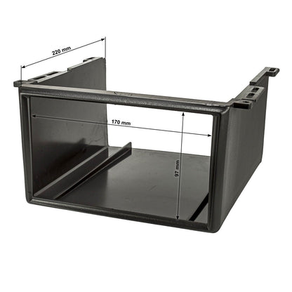 Tomzz Audio 2400-016 Universal Underbody Console Radio Mount for 2DIN Devices, suitable for cars, trucks, boats, motorhomes, and commercial vehicles.