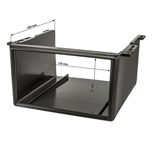 Tomzz Audio 2400-016 Universal Underbody Console Radio Mount for 2DIN Devices, suitable for cars, trucks, boats, motorhomes, and commercial vehicles.