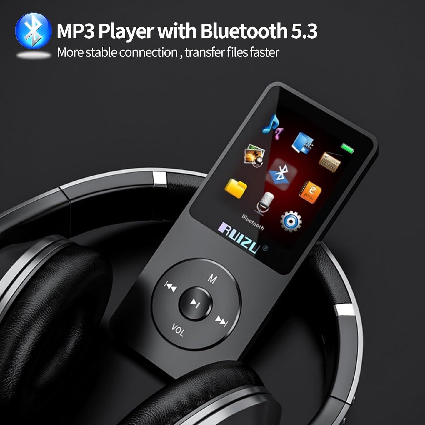 64GB MP3 player with Bluetooth 5.3, ultralight (30g), up to 80 hours of battery life, 1.8-inch screen, great for sports, kids, and adults, supports TF cards up to 128GB.